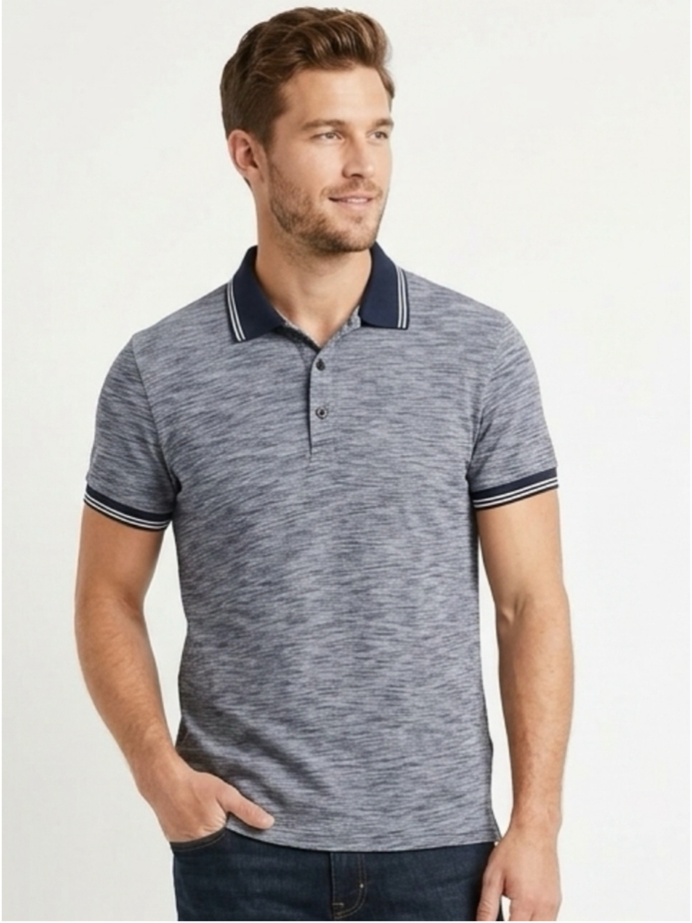 Armani Exchange Men's Heather Blue Polo with Navy Trim 322 work every day travel
